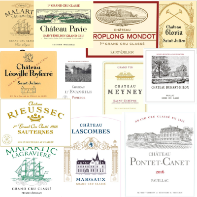 A collection of wine bottle labels from the Luxury Collection Mixed Case, featuring various châtaux from the 2016 Bordeaux vintage.