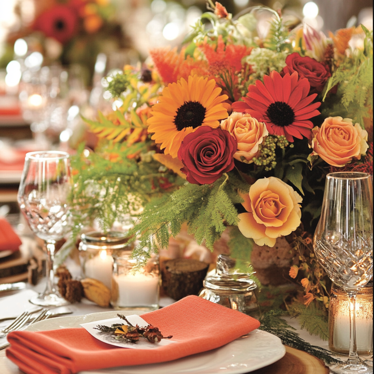 Decorative table setting with floral centerpiece, candles, and cutlery.
