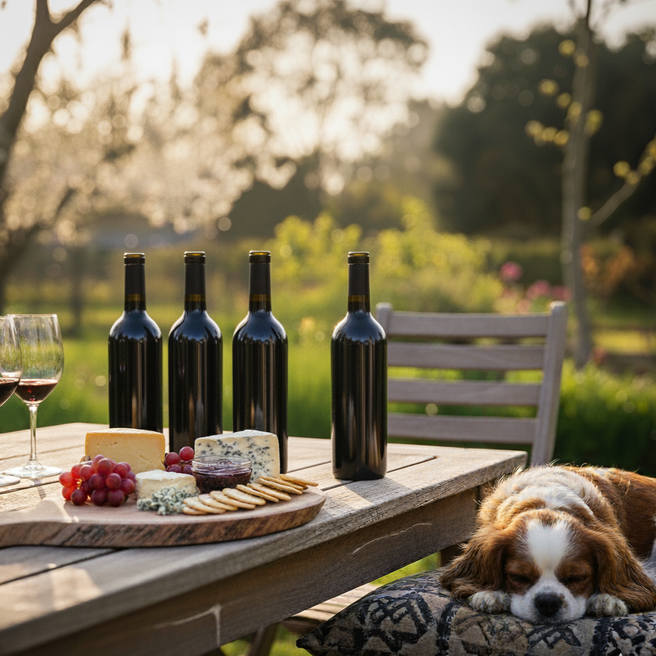 Wine bottles and glasses on a table with a dog resting nearby in an outdoor setting.
