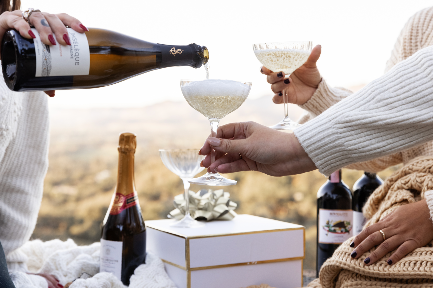 Two people toasting with champagne glasses outdoors, surrounded by wine bottles and a decorative box.
