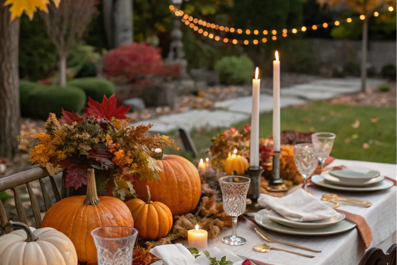 Outdoor autumnal table setting with pumpkins, candles, and fall foliage.