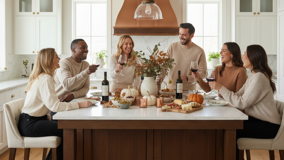 Group of people enjoying a meal together in a kitchen with wine bottles and food on the table.