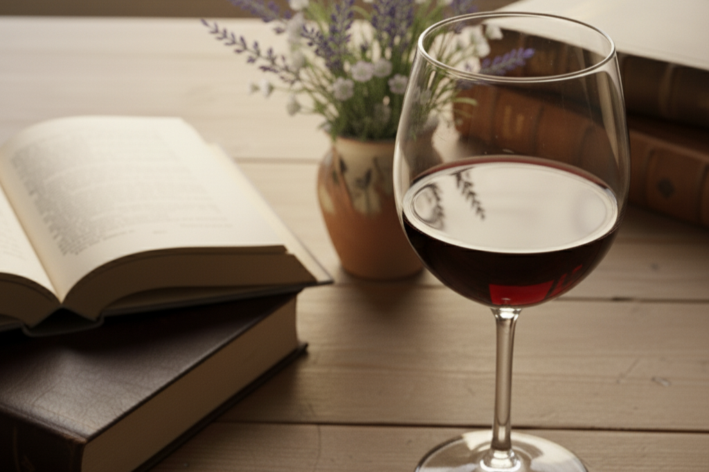 Glass of red wine on a wooden table with an open book and a small plant in the background.