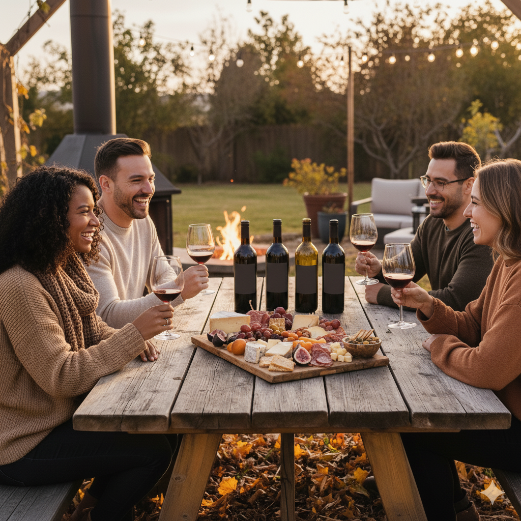 Outdoor autumnal table setting with pumpkins, candles, and fall foliage.