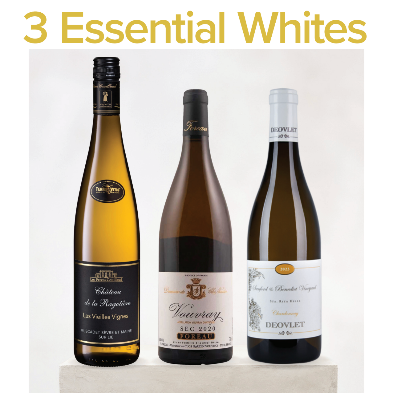 Somm Select Volume 26 Issue 6.2 magazine cover featuring three white wine bottles on a light background with the headline '3 Essential Whites'.