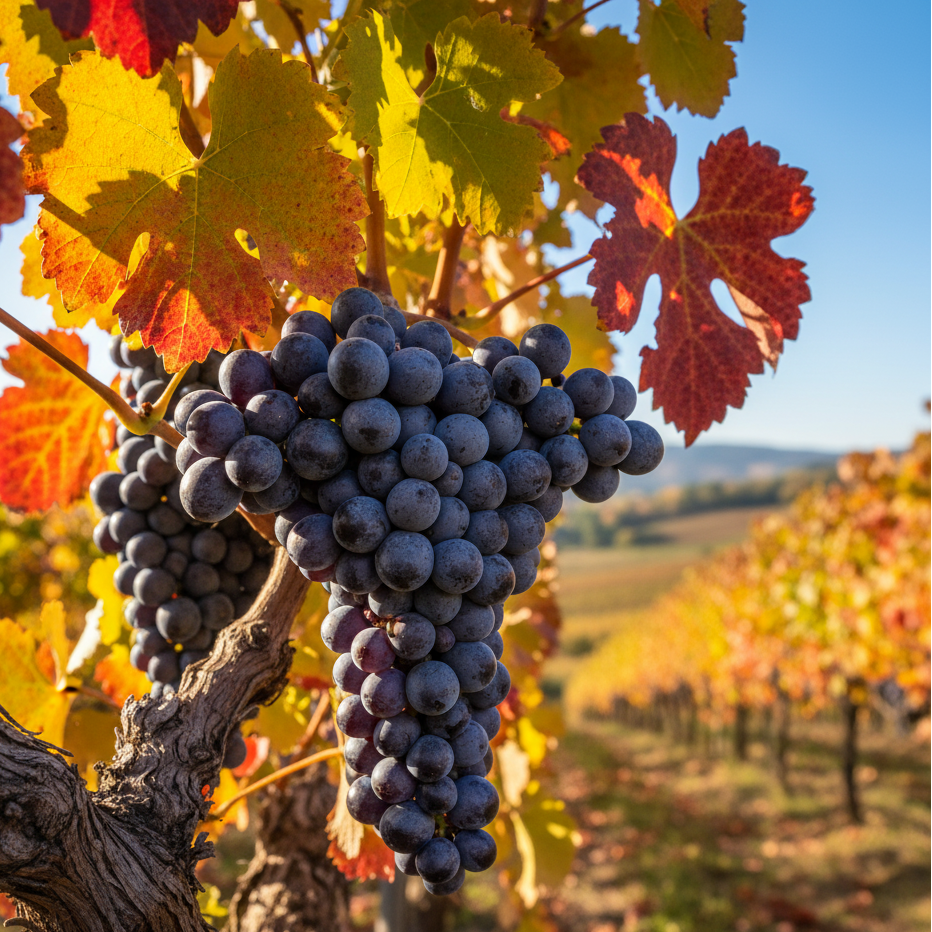 Bunch of grapes on a vine with autumn leaves in the background