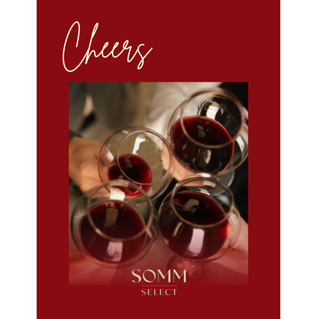 Four wine glasses filled with red wine held together with the word 'Cheers' and 'SOMM SELECT' on a red background.
