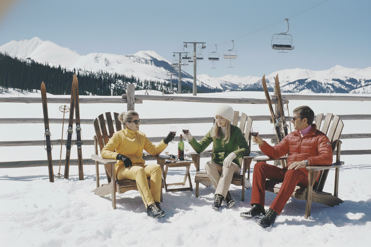 Three people sitting in chairs in the snow with skis and a mountain view drinking red wine