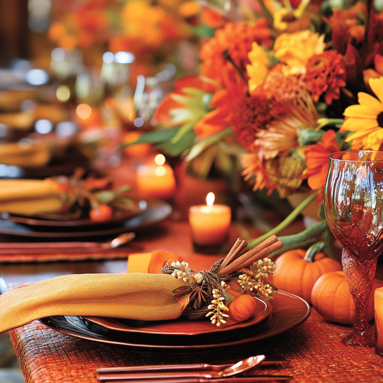 Decorative Thanksgiving table setting with pumpkins, flowers, and candles.