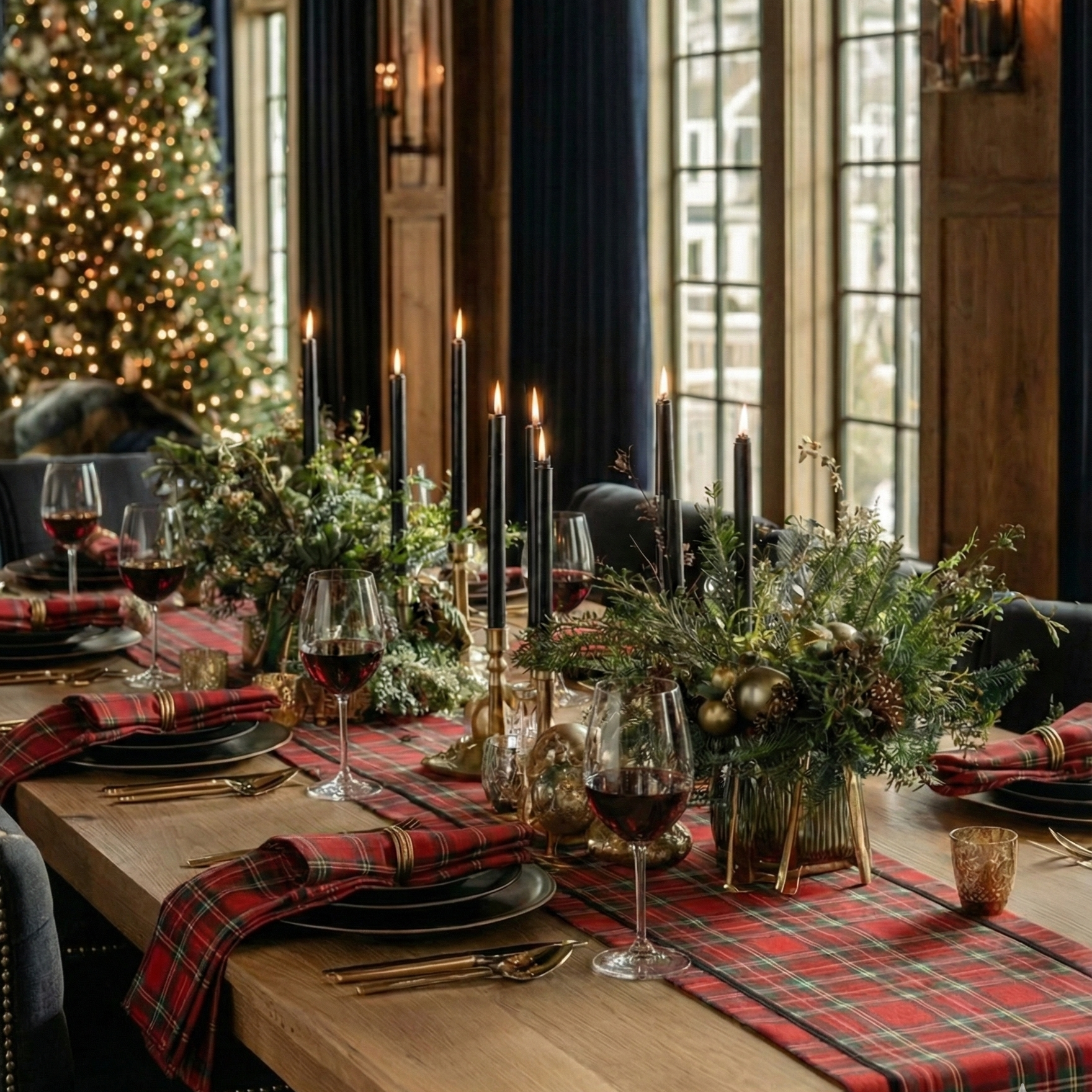 Decorative Christmas table setting with candles, glasses, and plaid tablecloth in a room with large windows.