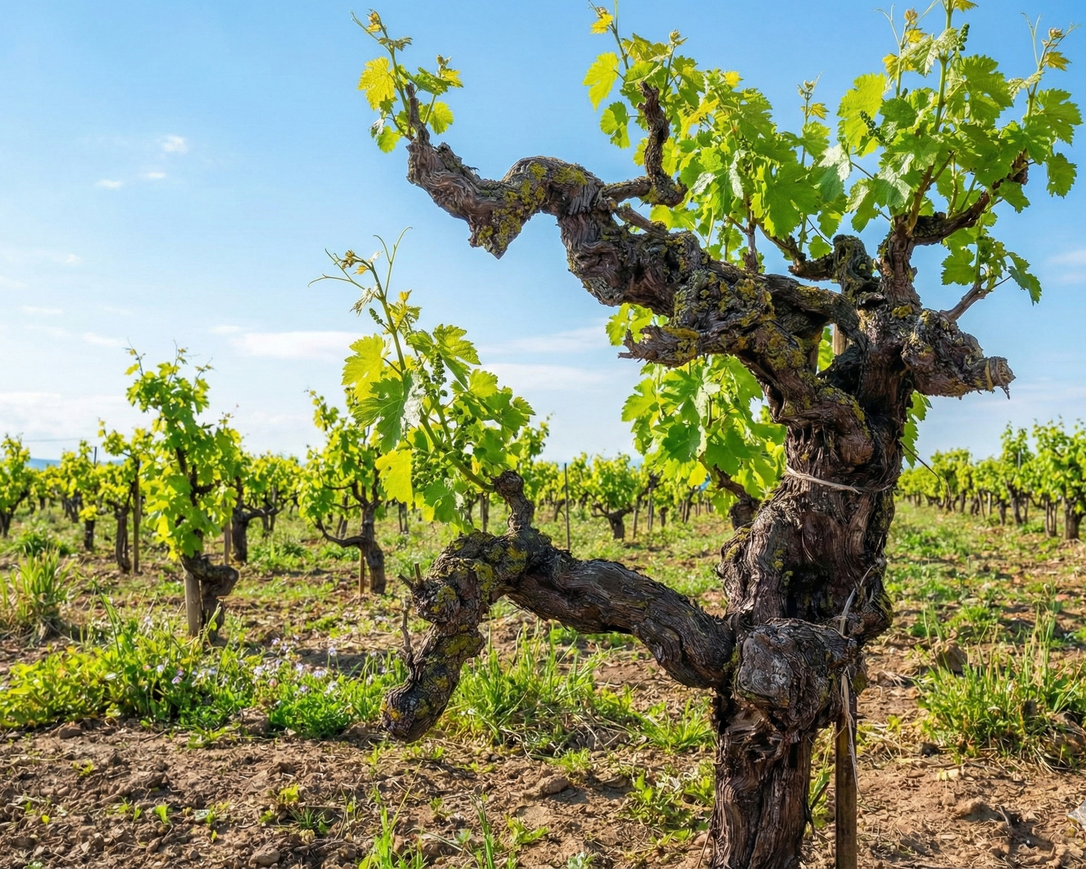 Old grapevine in a vineyard with clear blue sky