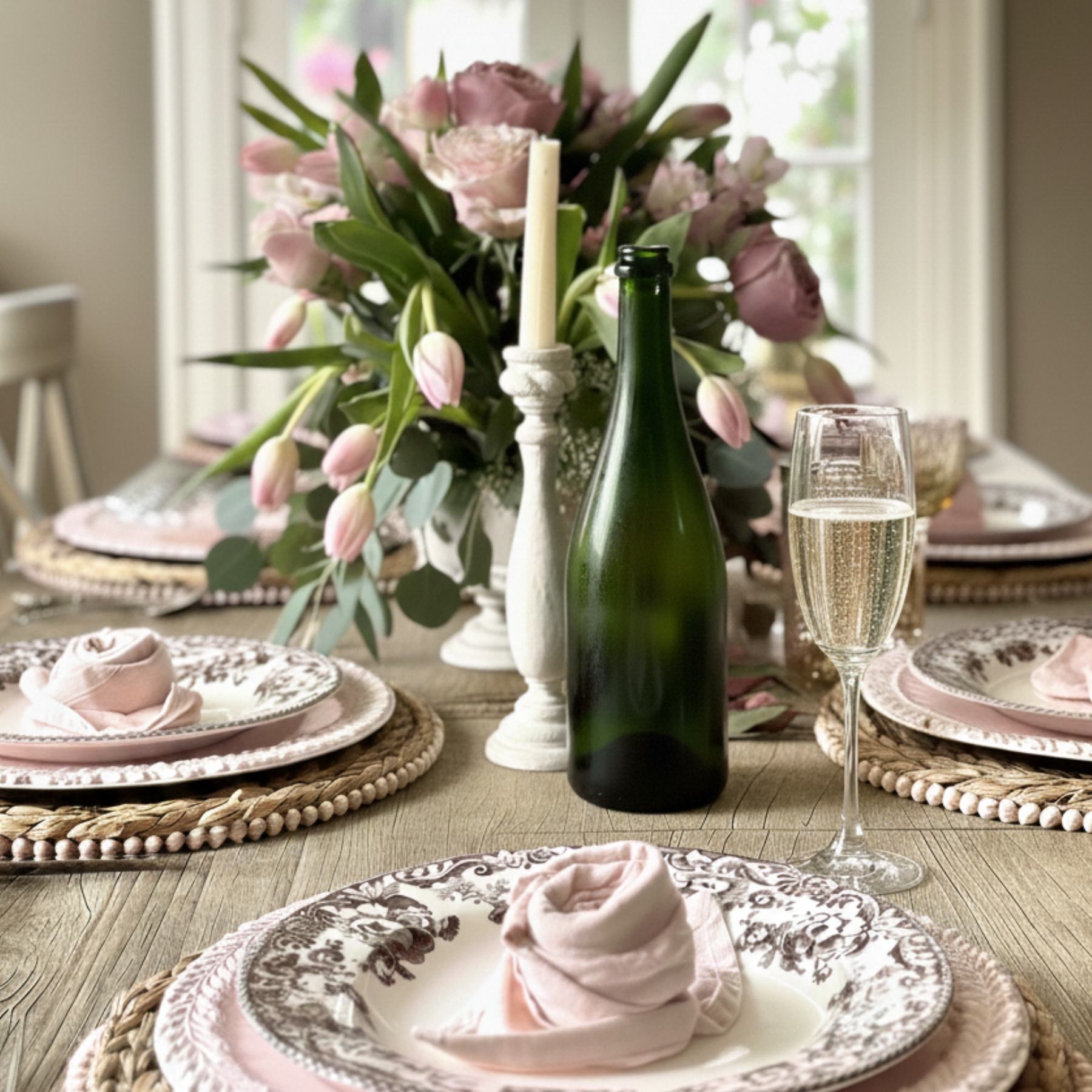 Elegant table setting with floral arrangement, champagne bottle, and glasses on a wooden table.  