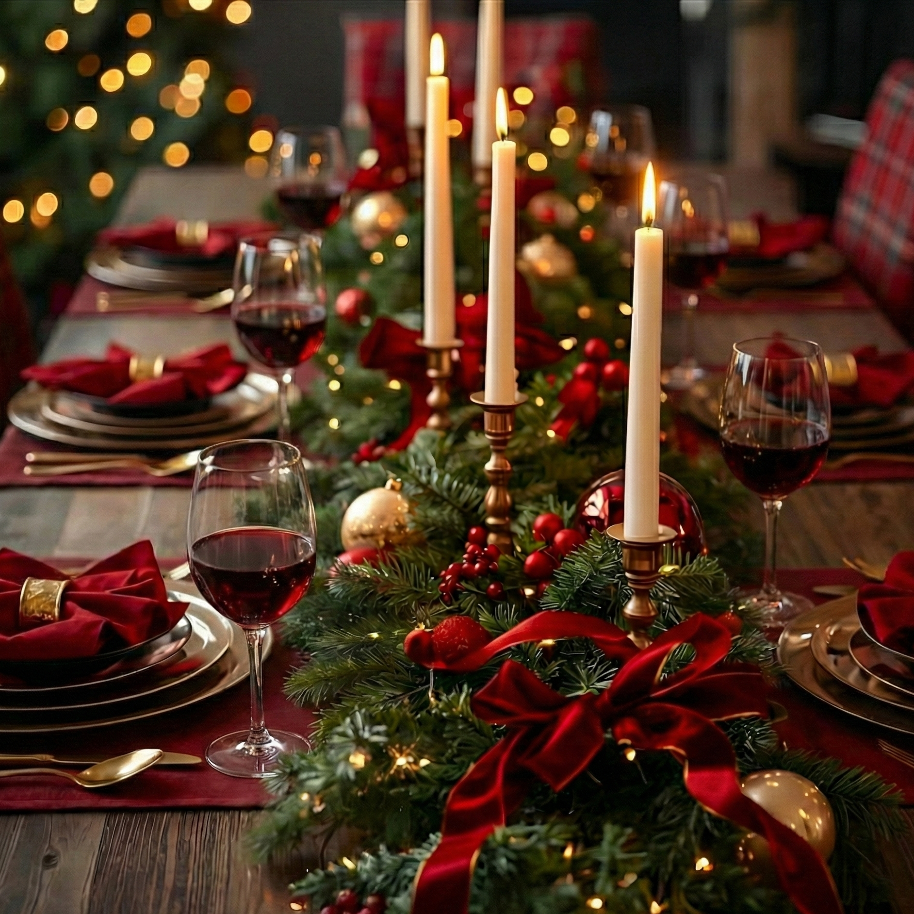Decorated Christmas table with red ribbons, candles, and wine glasses.