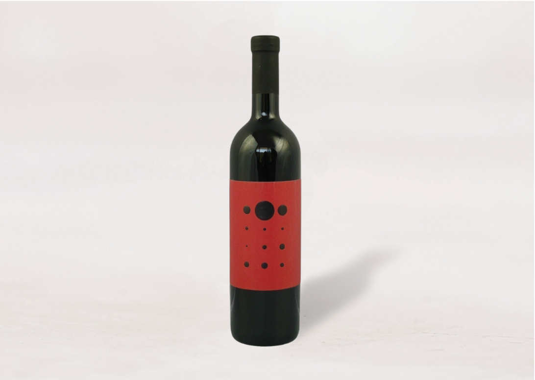 Wine bottle with a red label on a white background
