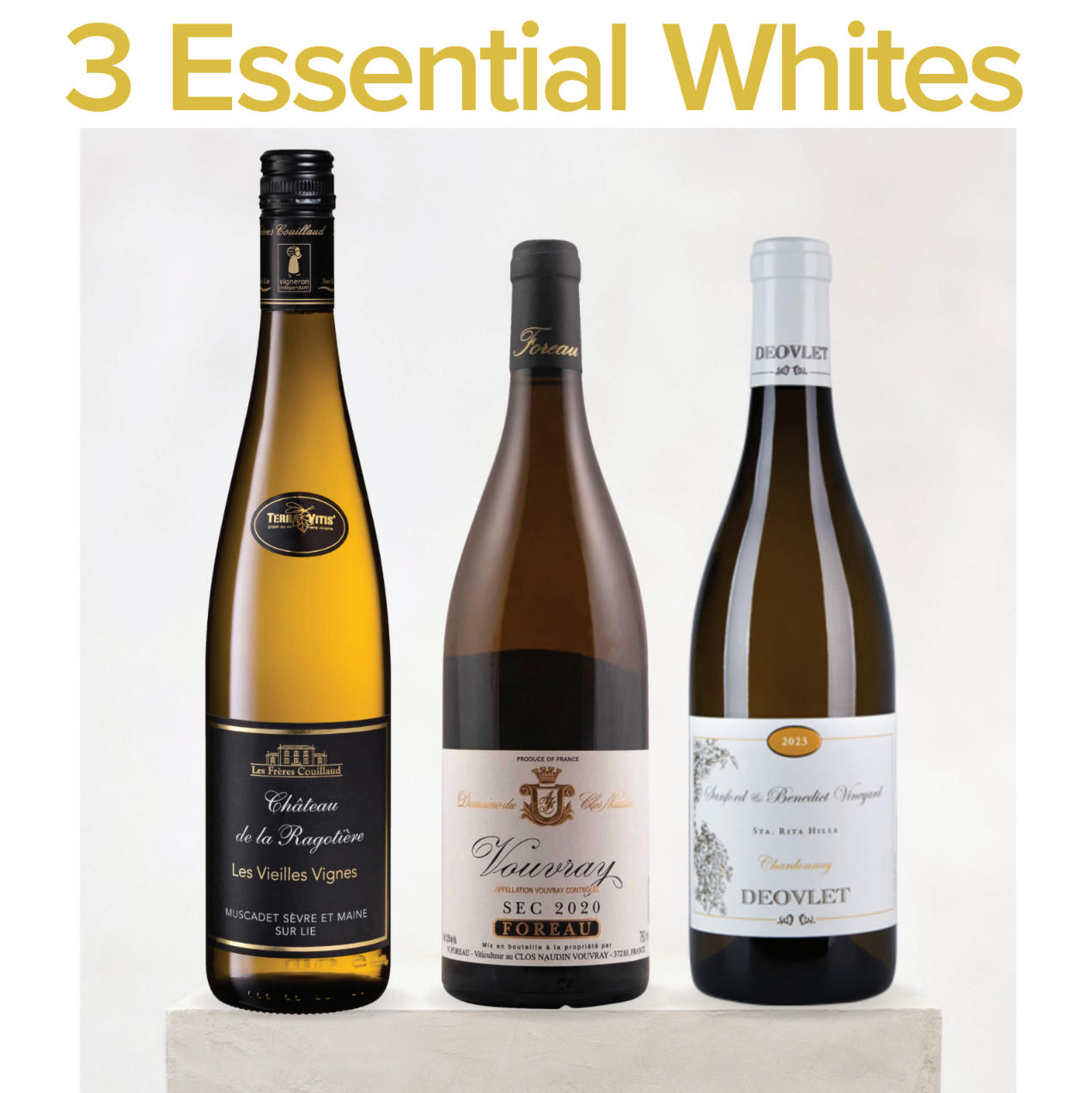 Somm Select Volume 26 Issue 6.2 magazine cover featuring three white wine bottles on a light background with the headline '3 Essential Whites'.