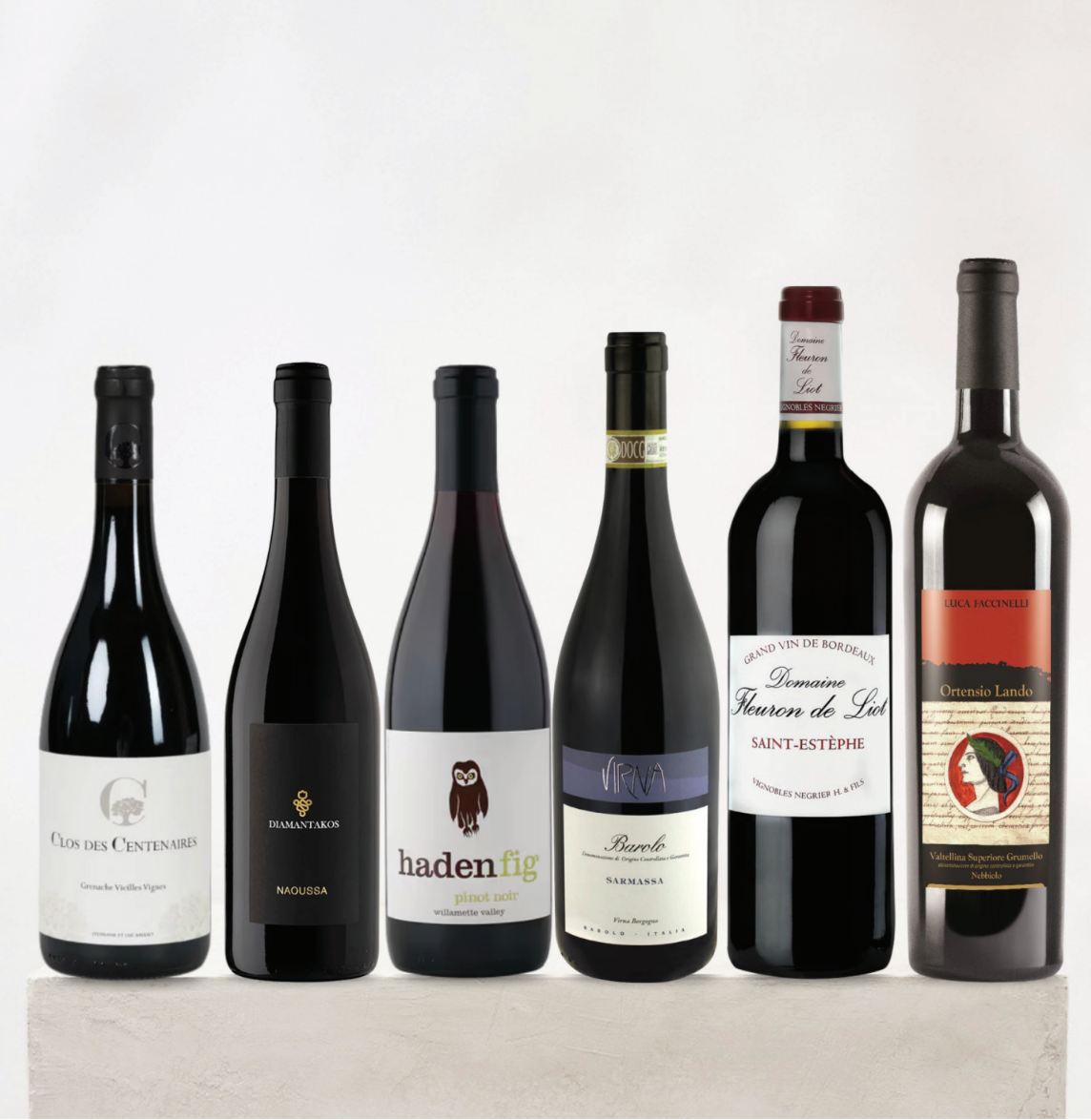 Six wine bottles of varying sizes and styles lined up against a light gray background. The bottles have dark glass, black and dark gray caps, and labels in white, black, and purple, with one bottle featuring a red and gold label.