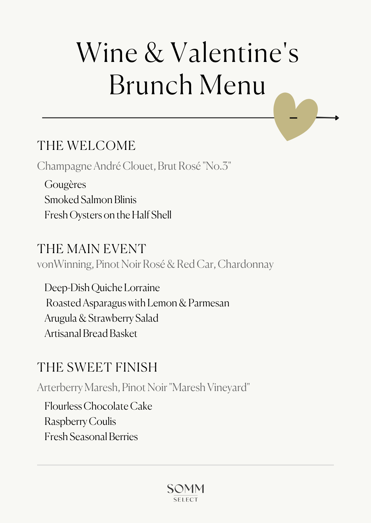 Wine and Valentine's Brunch Menu with a heart design on a white background