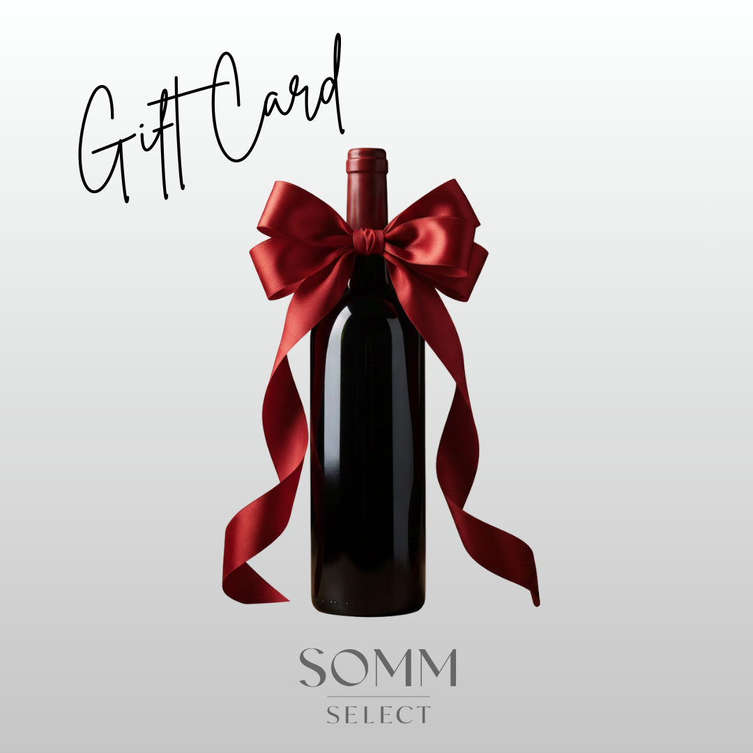 Wine bottle with a red ribbon labeled 'Gift Card SOMM SELECT' on a light gray background