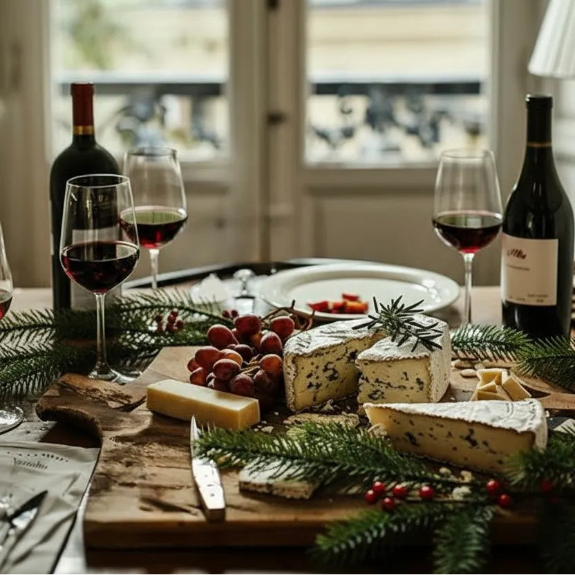 Table with a cheeseboard and wine glasses in a room with large windows.