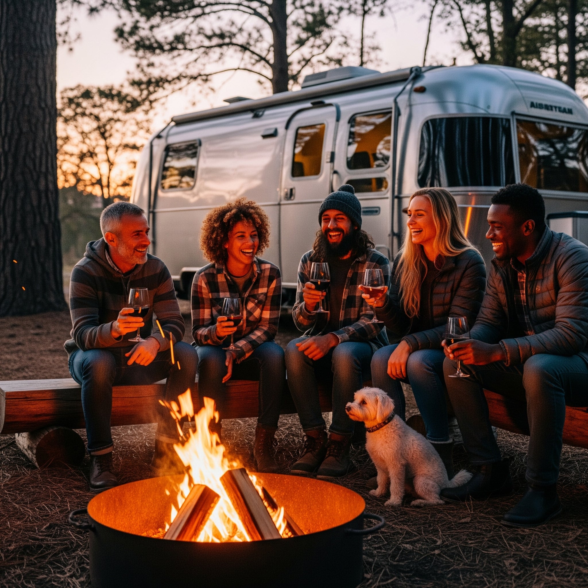 Group of people sitting around a campfire with an Airstream trailer in the background.