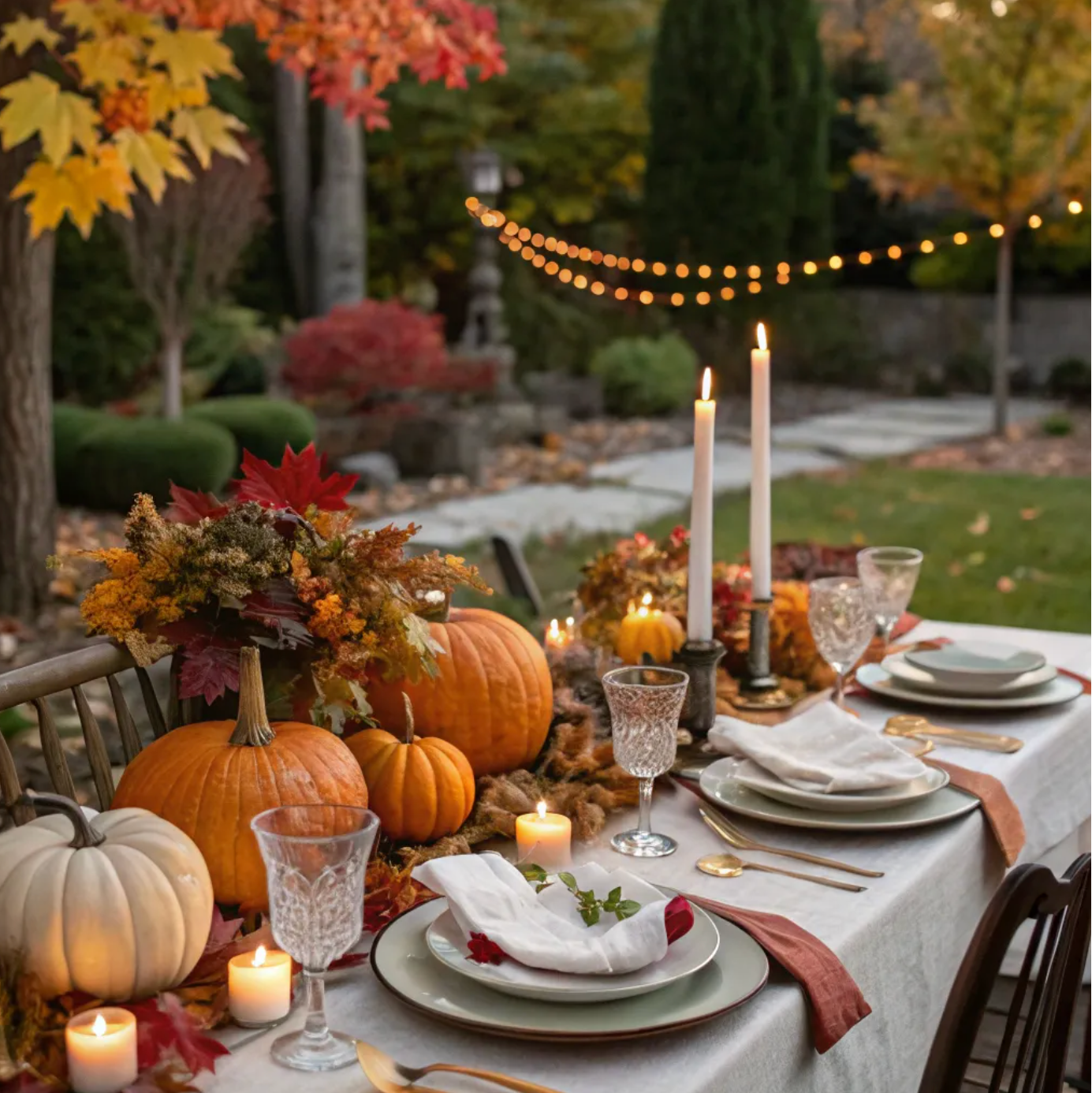 Outdoor autumnal table setting with pumpkins, candles, and fall foliage.
