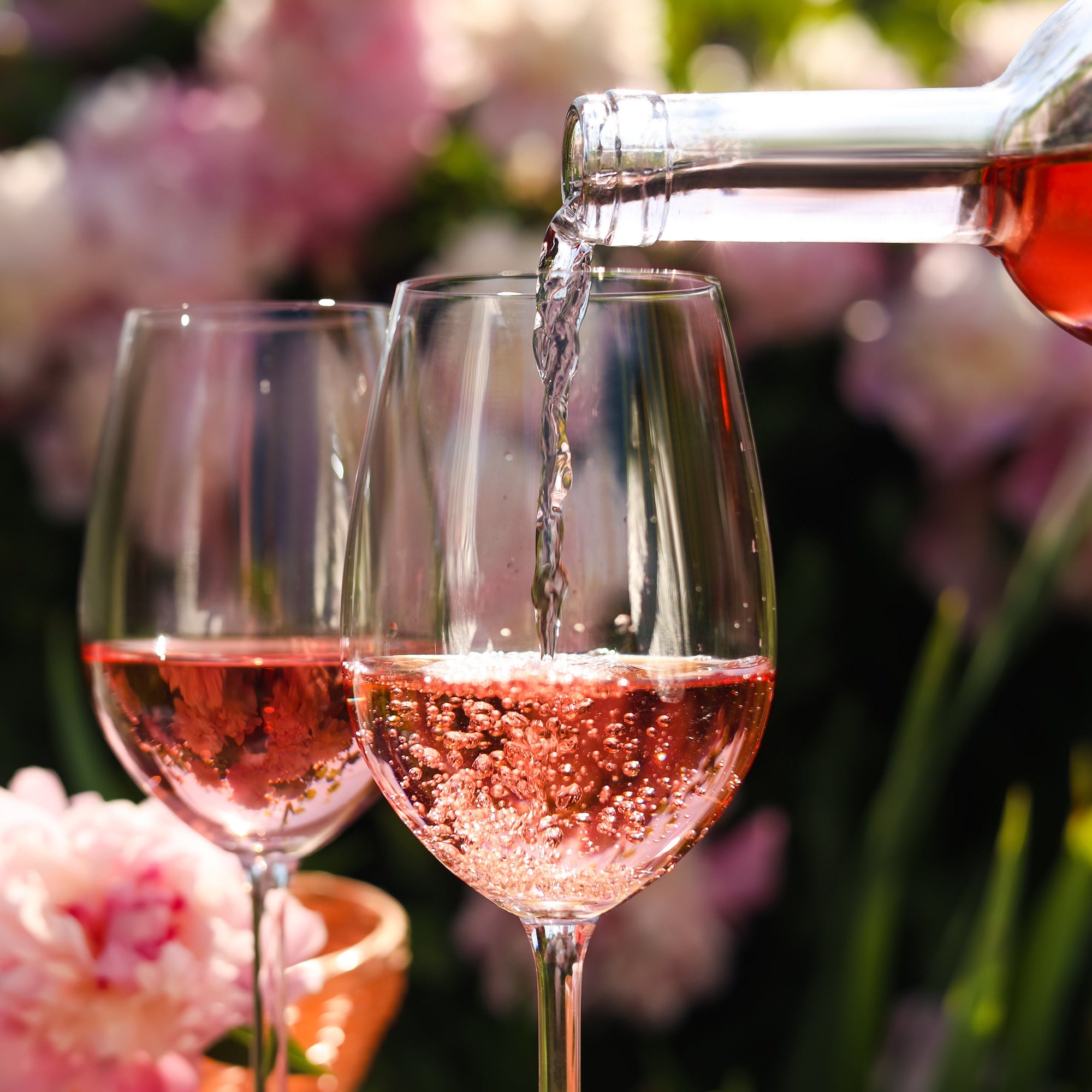 Rose wine being poured into two glasses with a blurred floral background