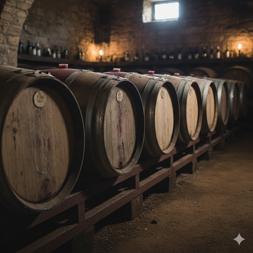 Row of wooden wine barrels in a dimly lit wine cellar.