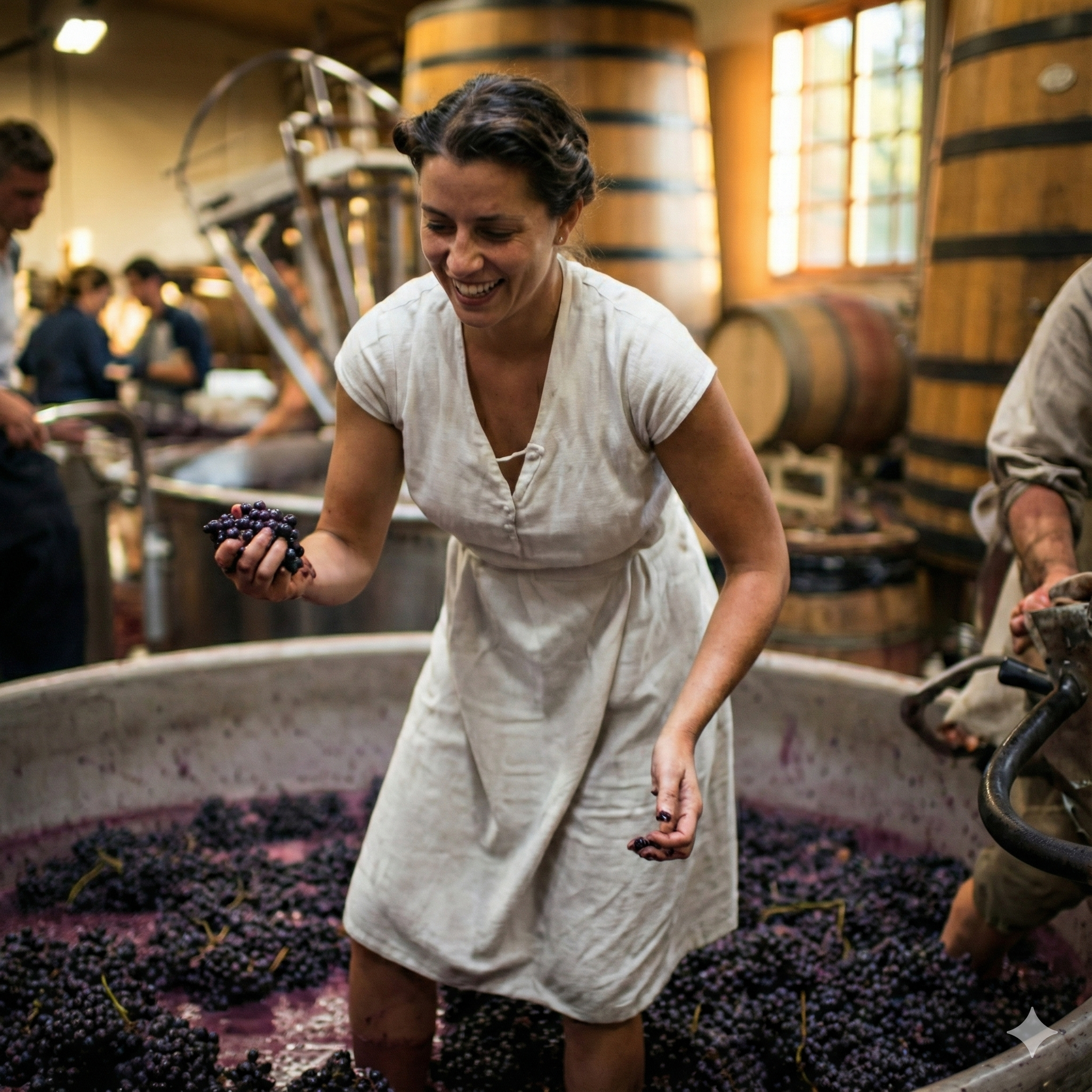 Woman in a white dress holding grapes in a wine cellar with barrels and people in the background.